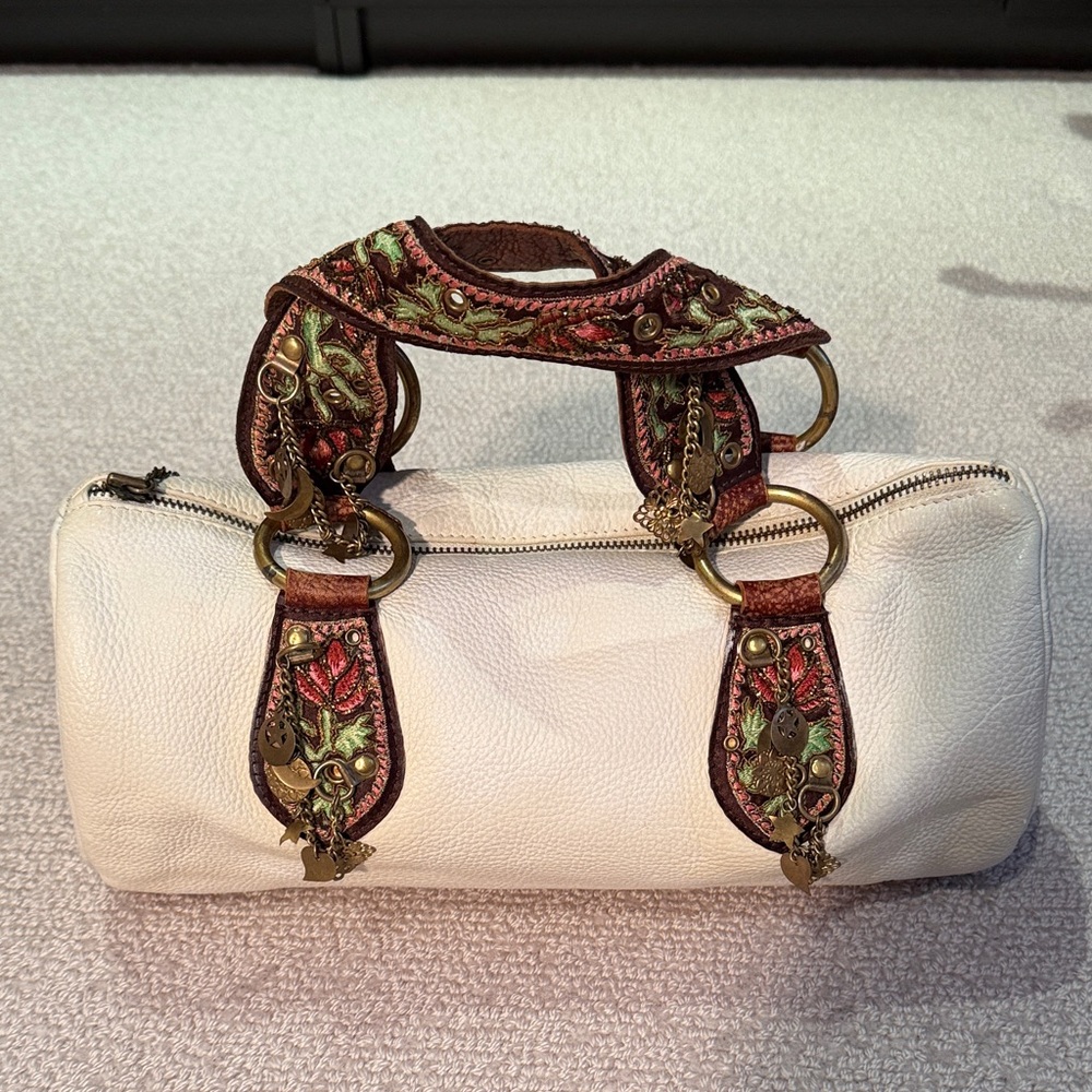 Betsey Johnson Embroidered Cream and Brown Leather Barrel Handbag